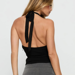 Women's Black Halter Top with Gathered Bust – Fitted Nylon Summer Top