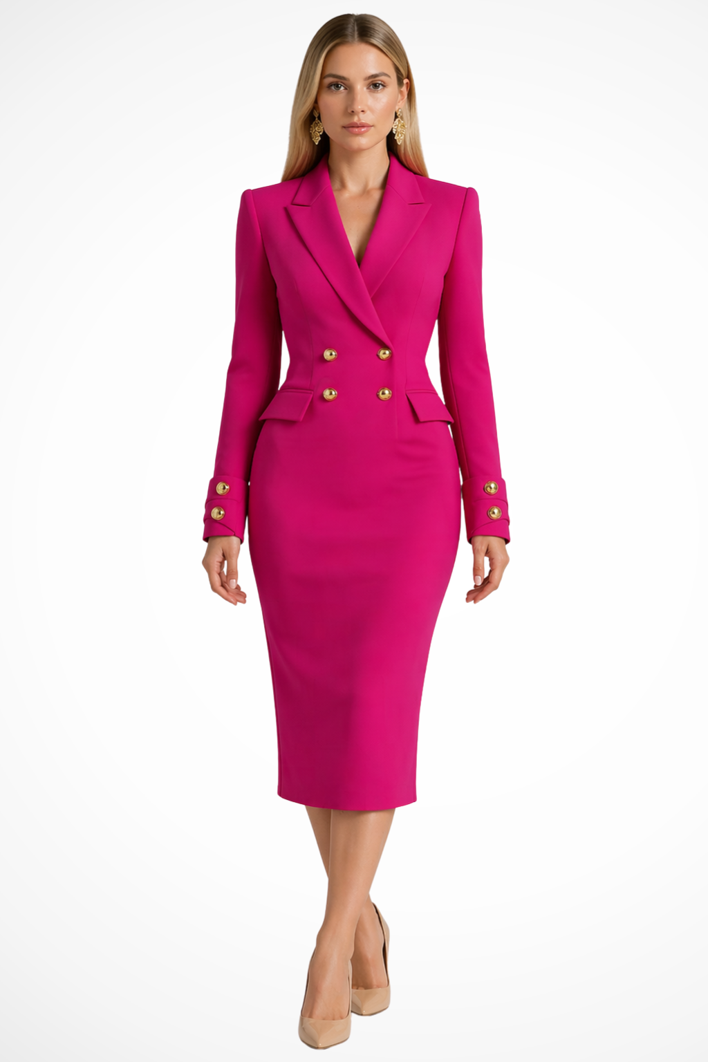 Women's Double Breasted Blazer Midi Dress with Gold Buttons – Tailored Work and Event Dress