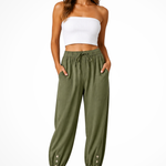 Women's Linen Cropped Pants with Drawstring Waist & Button Hem – Summer Pants for Holidays