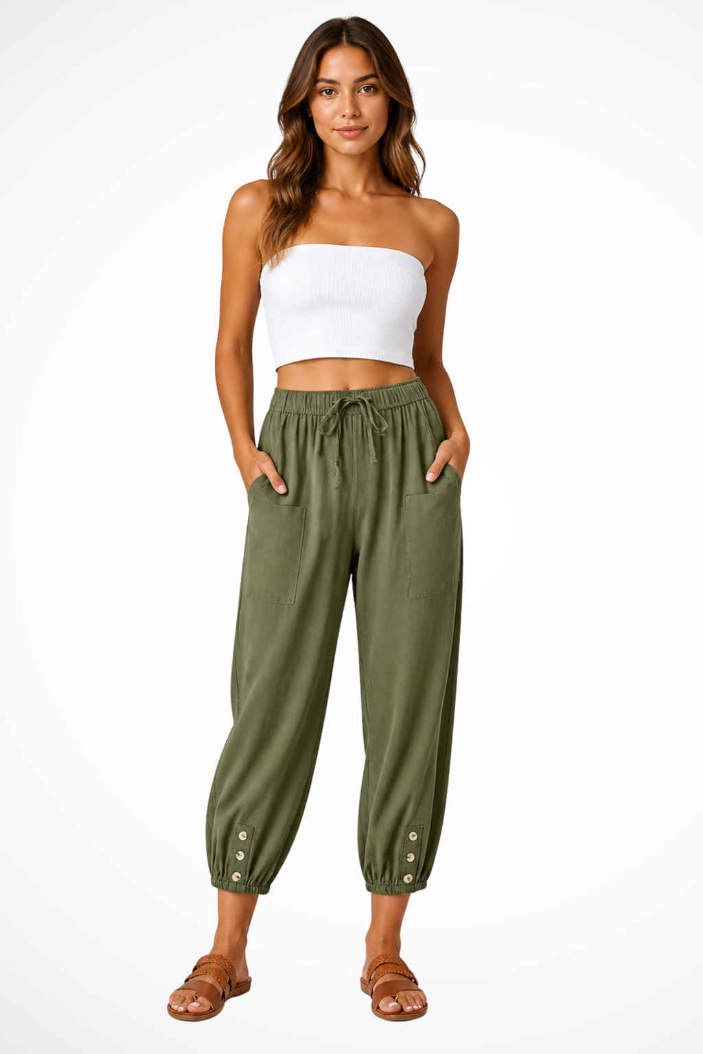 Women's Linen Cropped Pants with Drawstring Waist & Button Hem – Summer Pants for Holidays