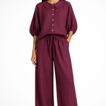 Women's Linen Co-Ord Set with Peter Pan Collar Blouse & Wide Leg Pants – Two-Piece Outfit