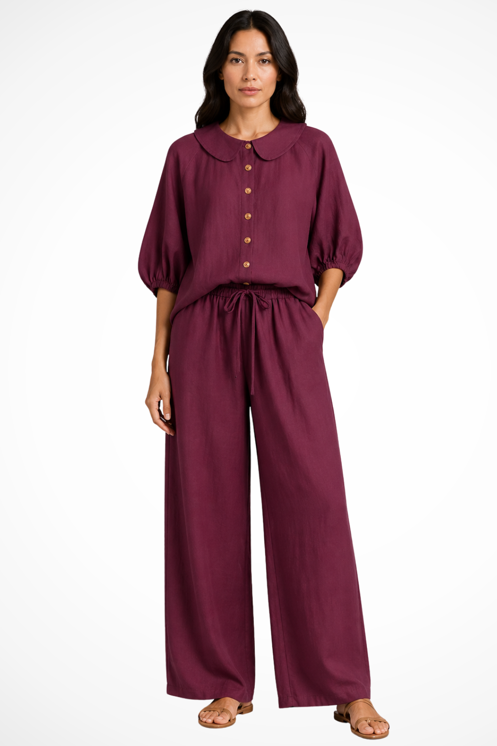 Women's Linen Co-Ord Set with Peter Pan Collar Blouse & Wide Leg Pants – Two-Piece Outfit