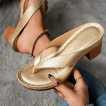 Women's Metallic Toe Post Block Heel Sandals – Casual Summer Flip Flop Style Sandals