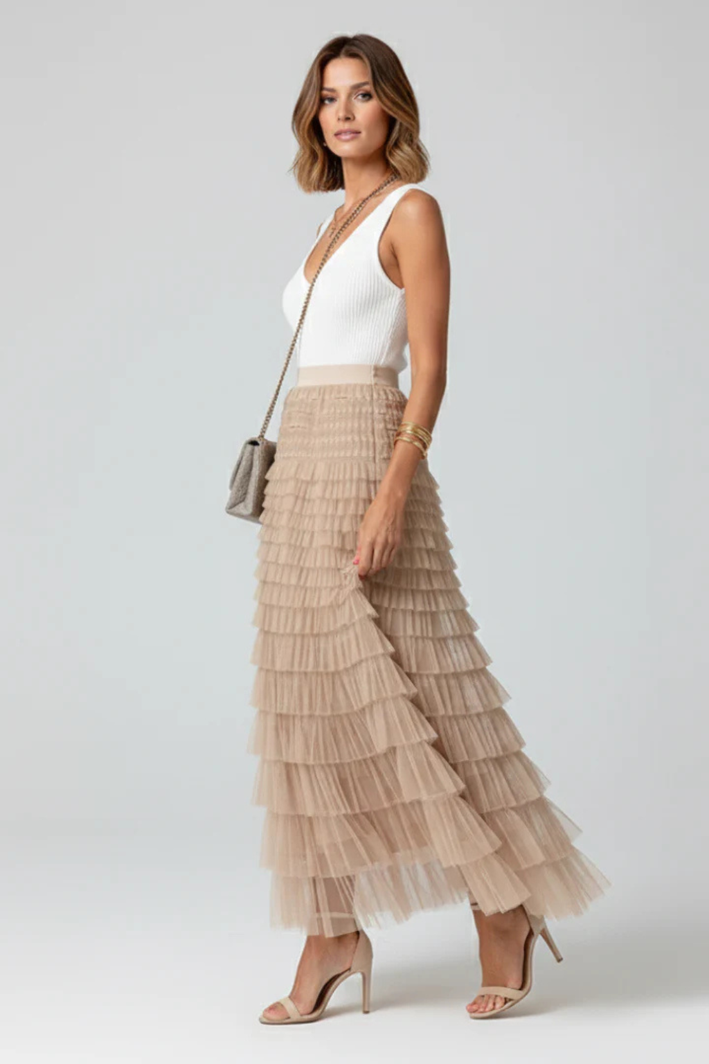 Women's Layered Tulle Tiered Midi Skirt – High Waist Flared Skirt for Occasions