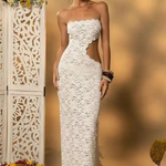 Women's White Lace Strapless Maxi Dress with Cut-Out Detail – Summer Occasion & Event Dress