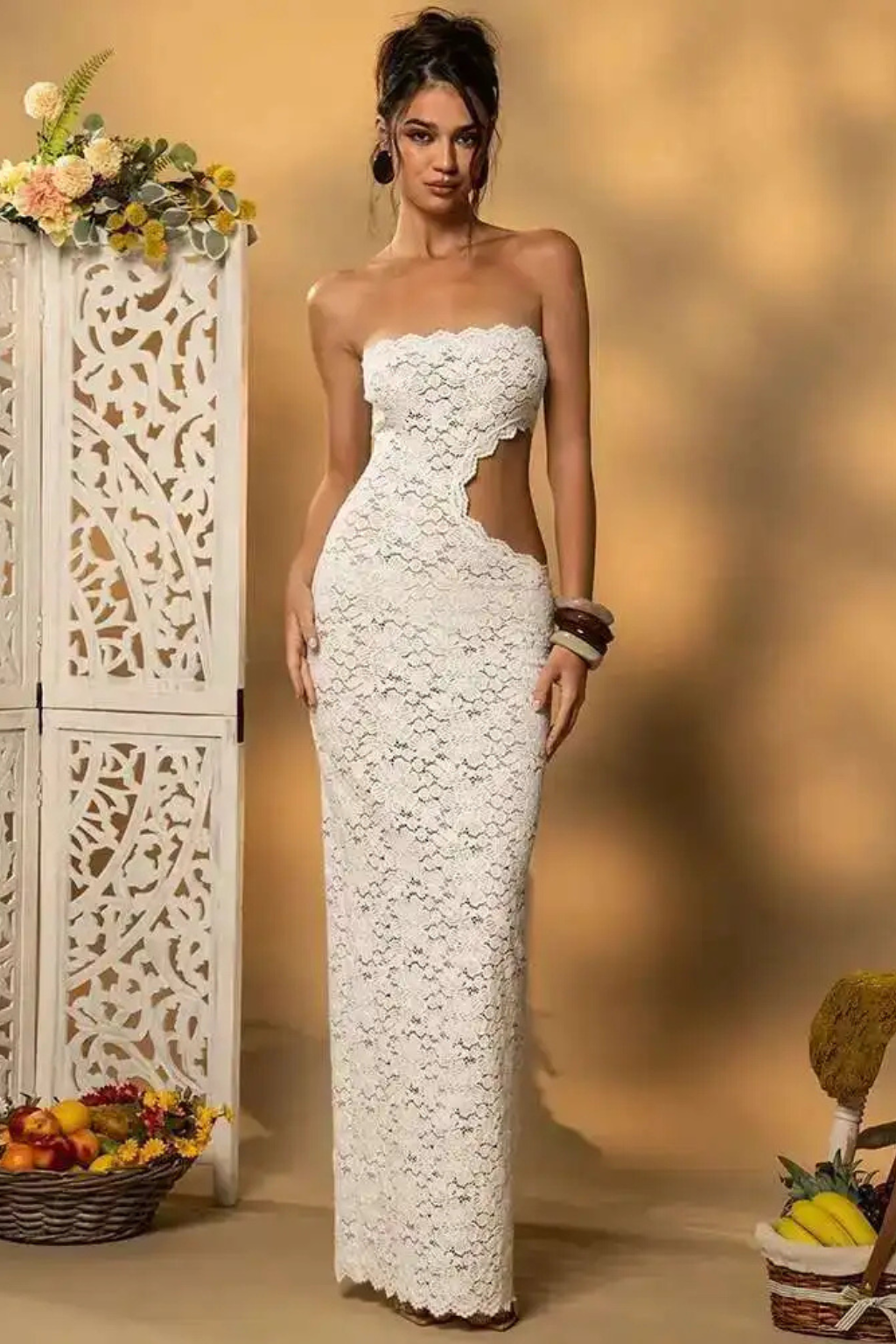 Women's White Lace Strapless Maxi Dress with Cut-Out Detail – Summer Occasion & Event Dress