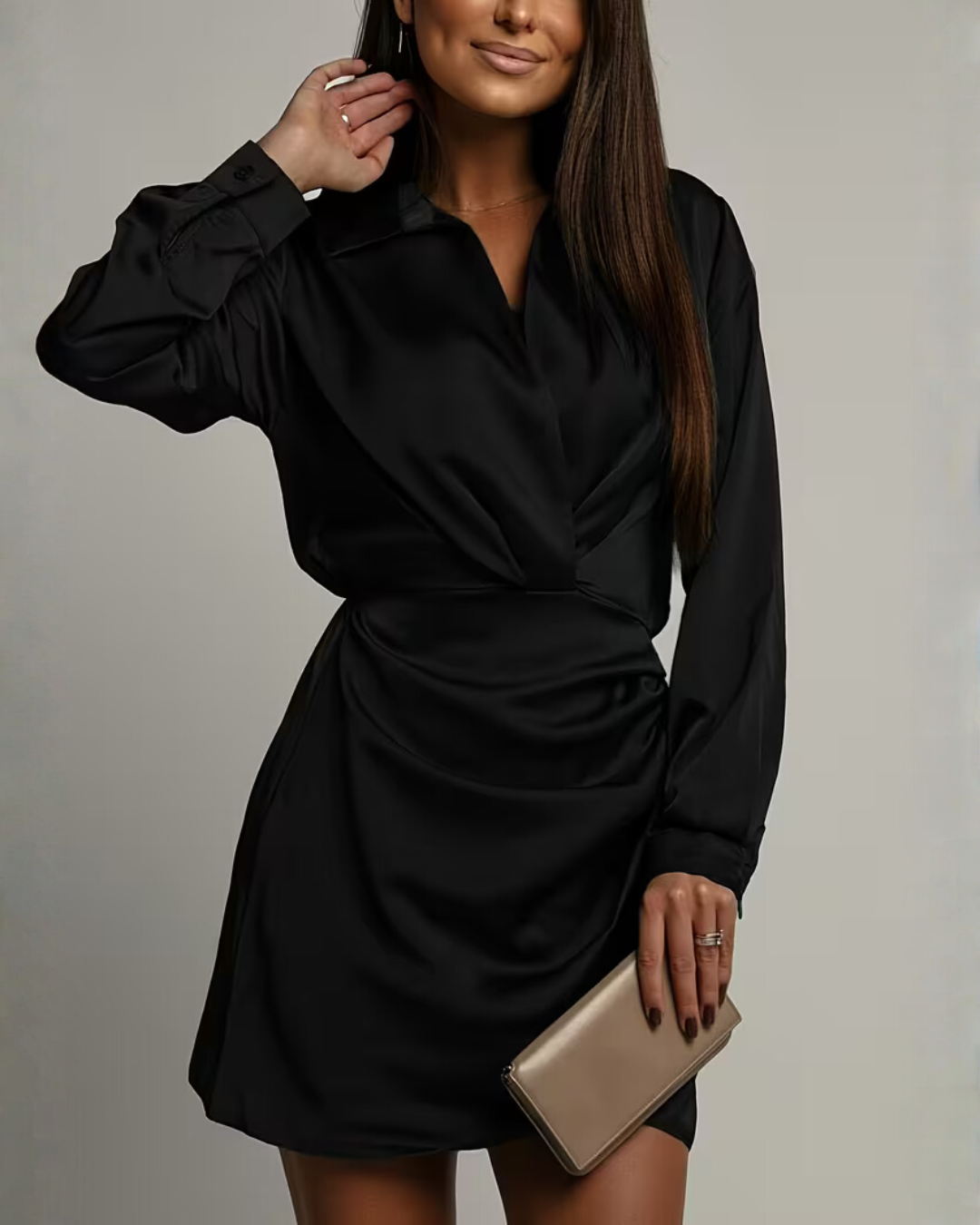 Women's Long Sleeve Satin-Finish Wrap Mini Dress with Collar – Office to Evening Dress