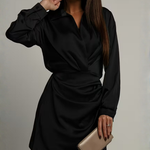 Women's Long Sleeve Satin-Finish Wrap Mini Dress with Collar – Office to Evening Dress