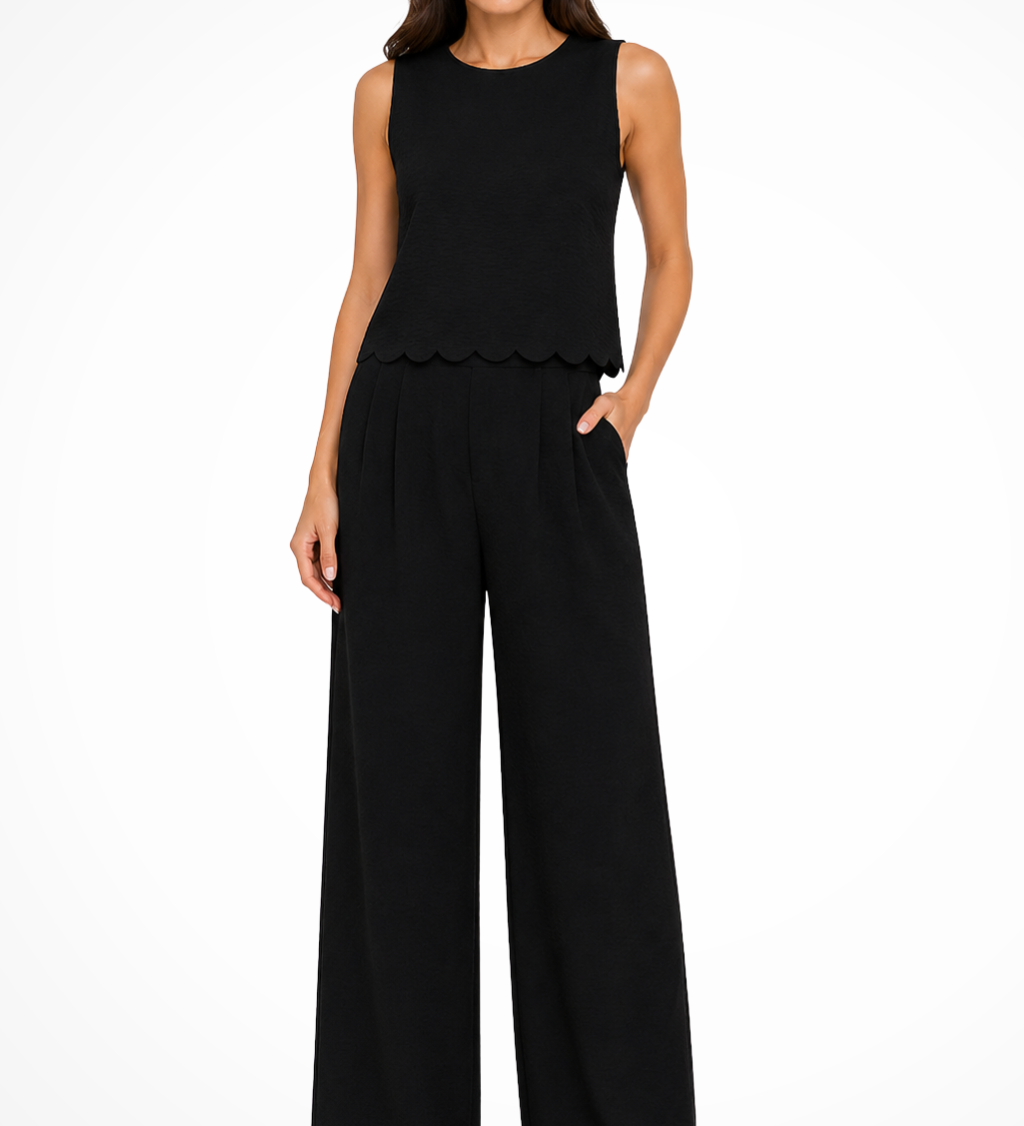 Women's Textured Scallop Hem Tie Back Top and Wide Leg Pants Set – Sleeveless Co-ord