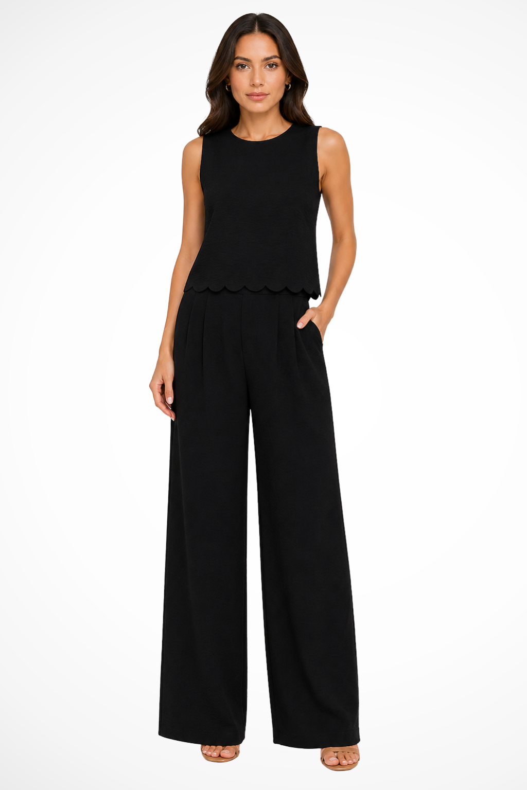 Women's Textured Scallop Hem Tie Back Top and Wide Leg Pants Set – Sleeveless Co-ord