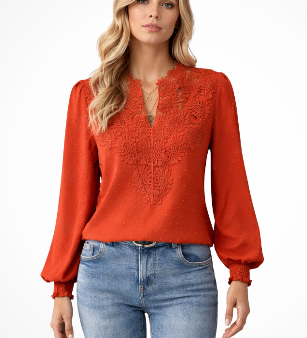 Women's Lace Applique V Neck Blouse with Balloon Sleeves – Dobby Chiffon Occasion Top