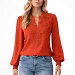 Women's Lace Applique V Neck Blouse with Balloon Sleeves – Dobby Chiffon Occasion Top