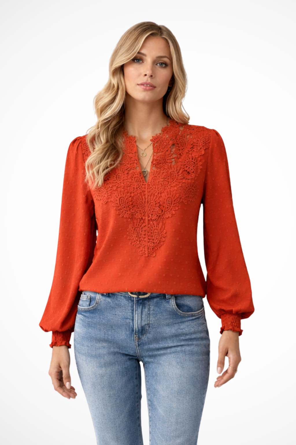 Women's Lace Applique V Neck Blouse with Balloon Sleeves – Dobby Chiffon Occasion Top