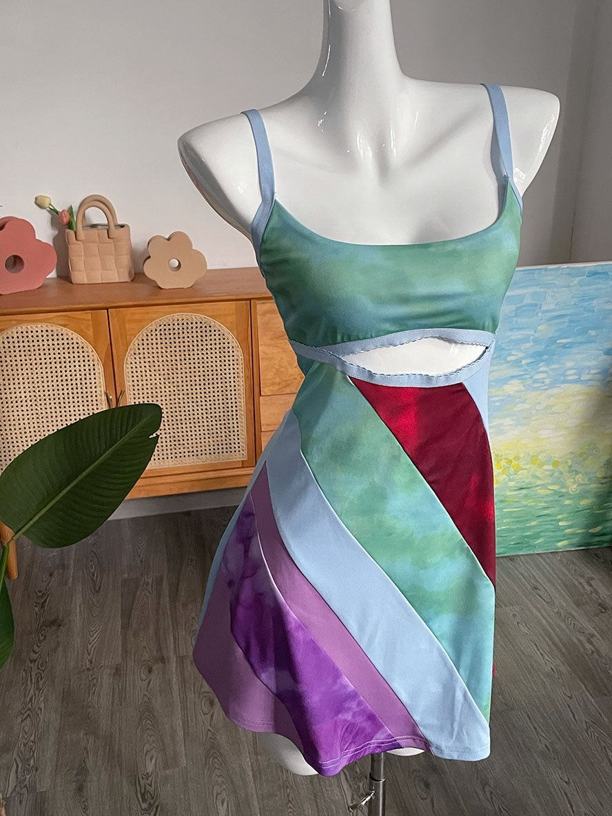 Women's Patchwork Cut-Out Mini Dress – Statement Party Dress for Evenings Out & Celebrations