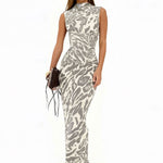 Women's Leopard Print Bodycon Maxi Dress – Fitted Evening Dress for Parties & Nights Out