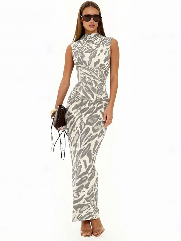 Women's Leopard Print Bodycon Maxi Dress – Fitted Evening Dress for Parties & Nights Out