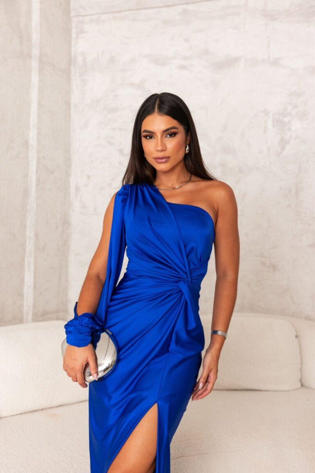 Women's Asymmetric Neckline Pleated Evening Dress – Elegant Formal Dress for Weddings & Galas