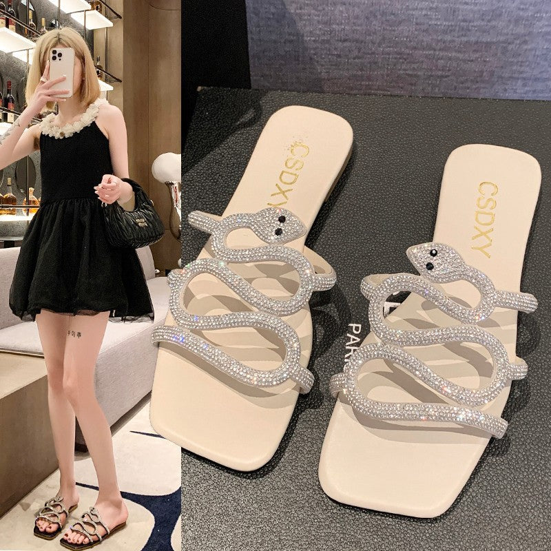 Women's Diamante Snake Embellished Slippers – Elegant Slip-On Flat Shoes for Summer Days and Evenings