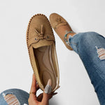 Women's Suede Leather Moccasin Loafers with Bow & Tassel – Flat Slip-On Shoes for Everyday