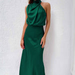 Women's Satin Halter Midi Dress – Sleeveless Wedding Guest & Cocktail Dress for Summer Events