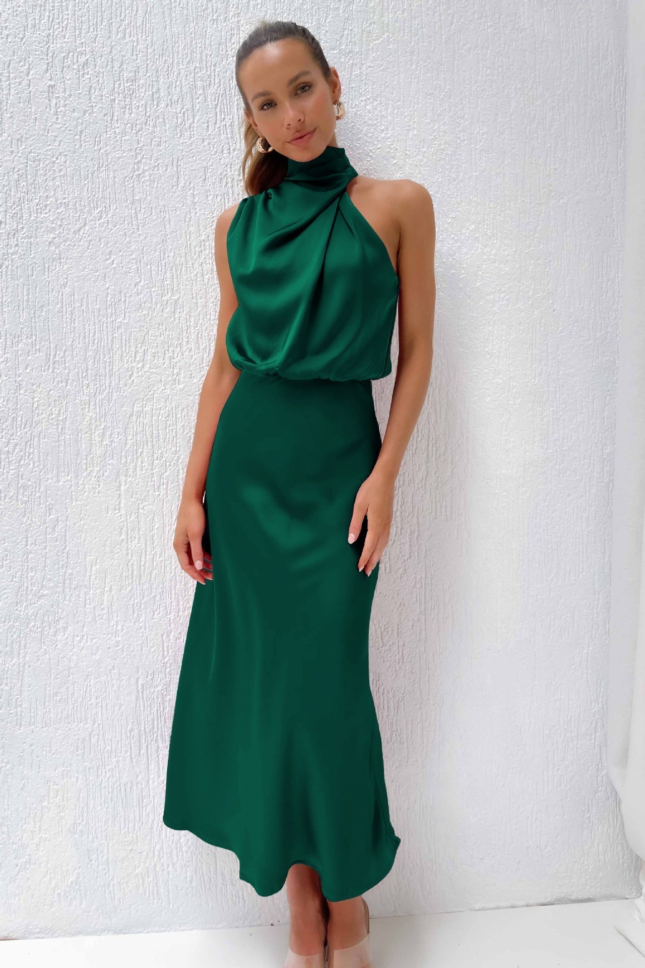 Women's Satin Halter Midi Dress – Sleeveless Wedding Guest & Cocktail Dress for Summer Events
