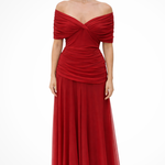 Women's Off-Shoulder Pleated Midi Dress – Fitted Bodice Summer Occasion Dress