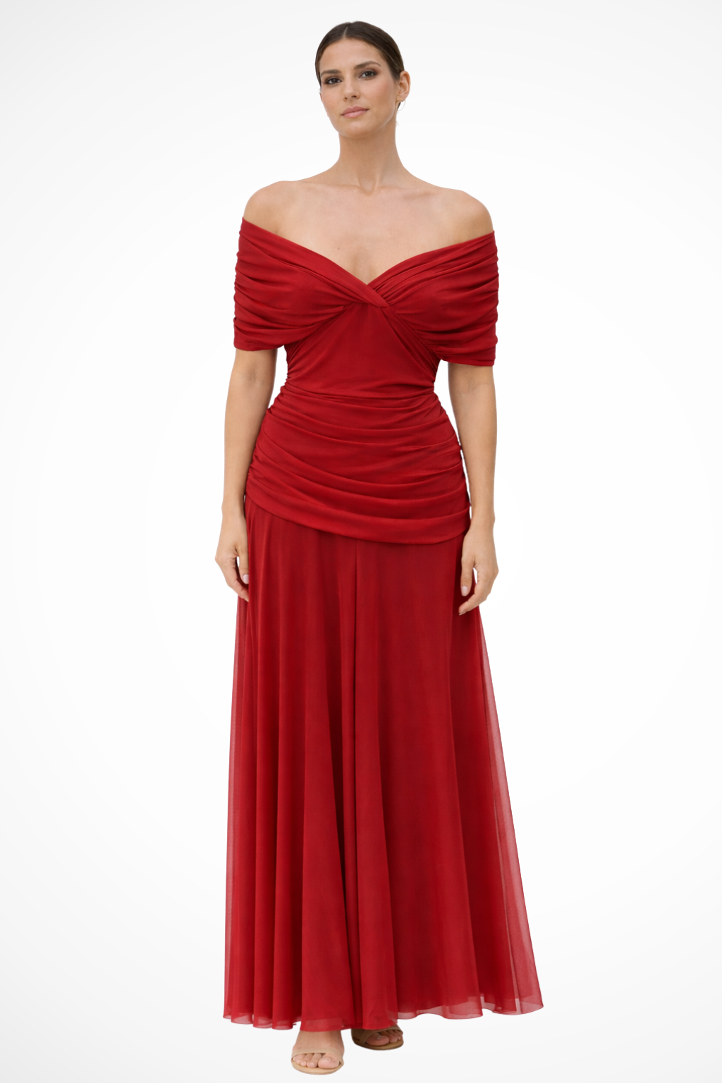 Women's Off-Shoulder Pleated Midi Dress – Fitted Bodice Summer Occasion Dress