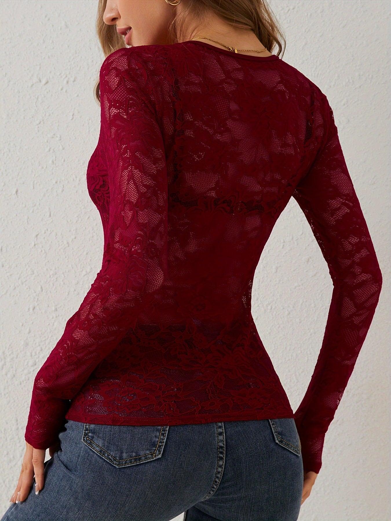 Women's Lace Long Sleeve Bodysuit with Plunge Neckline – Fitted Top for Evenings Out