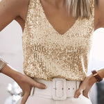 Women's Glitter Sequin V-Neck Tank Top with Wide Straps – Party, Evening & Night Out Top