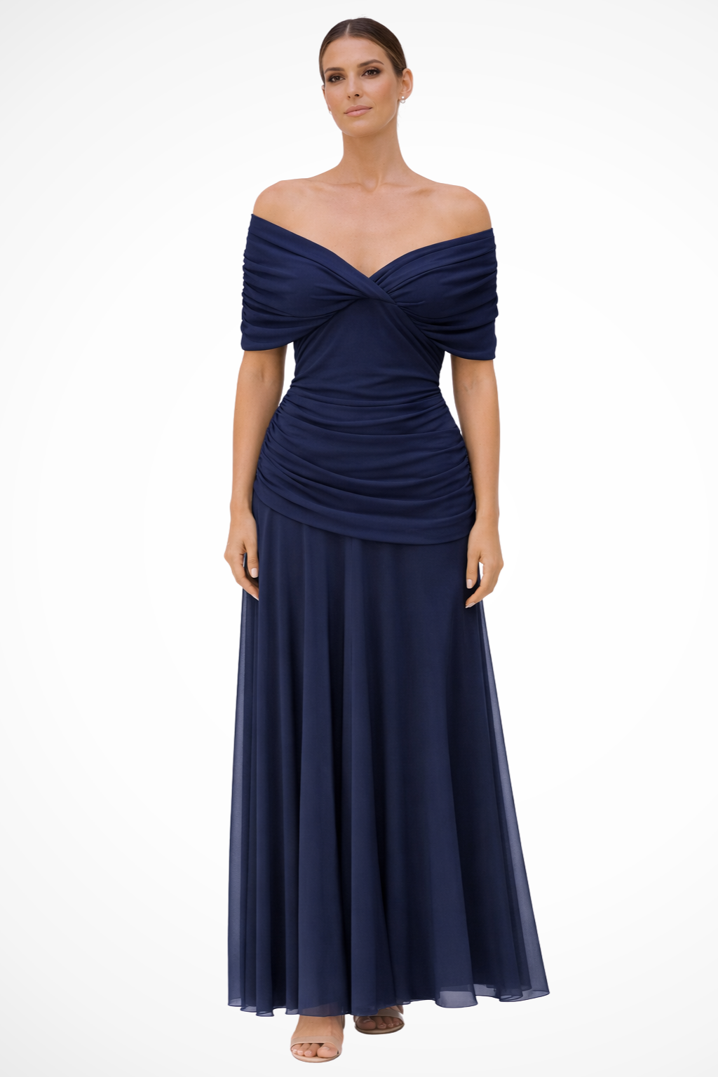 Women's Off-Shoulder Pleated Midi Dress – Fitted Bodice Summer Occasion Dress
