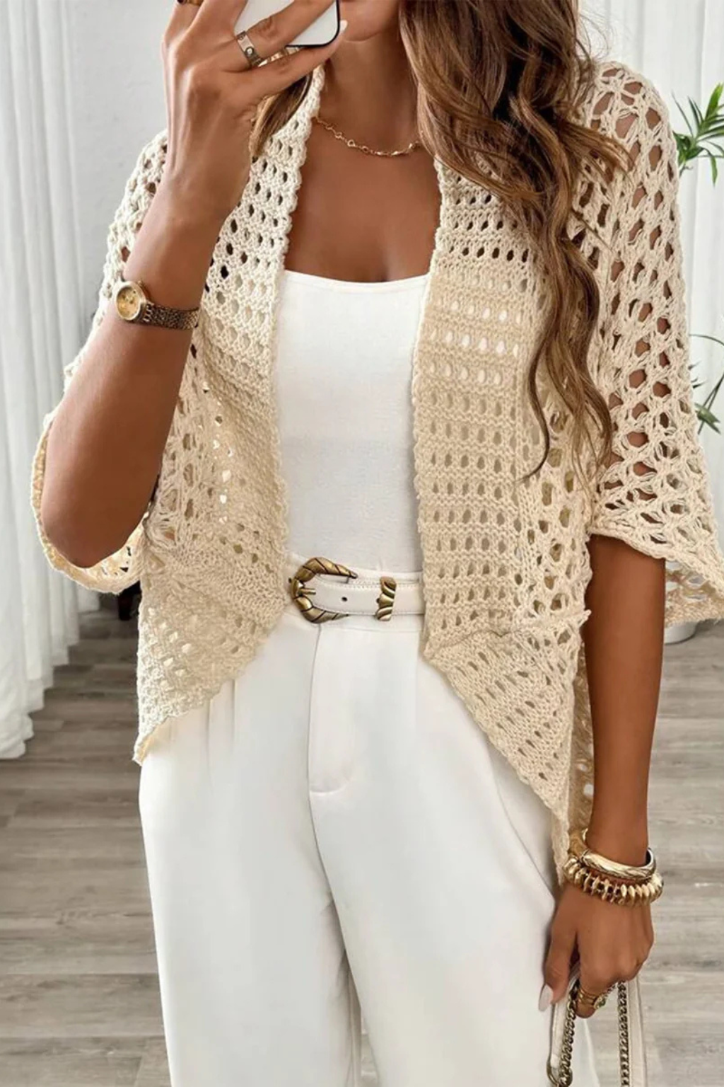 Women's Short Sleeve Crochet Cardigan – Open-Front Cropped Summer Cover-Up