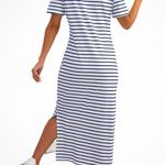 Women's Striped Midi Dress with Short Sleeves & Side Split – Casual Summer Day Dress