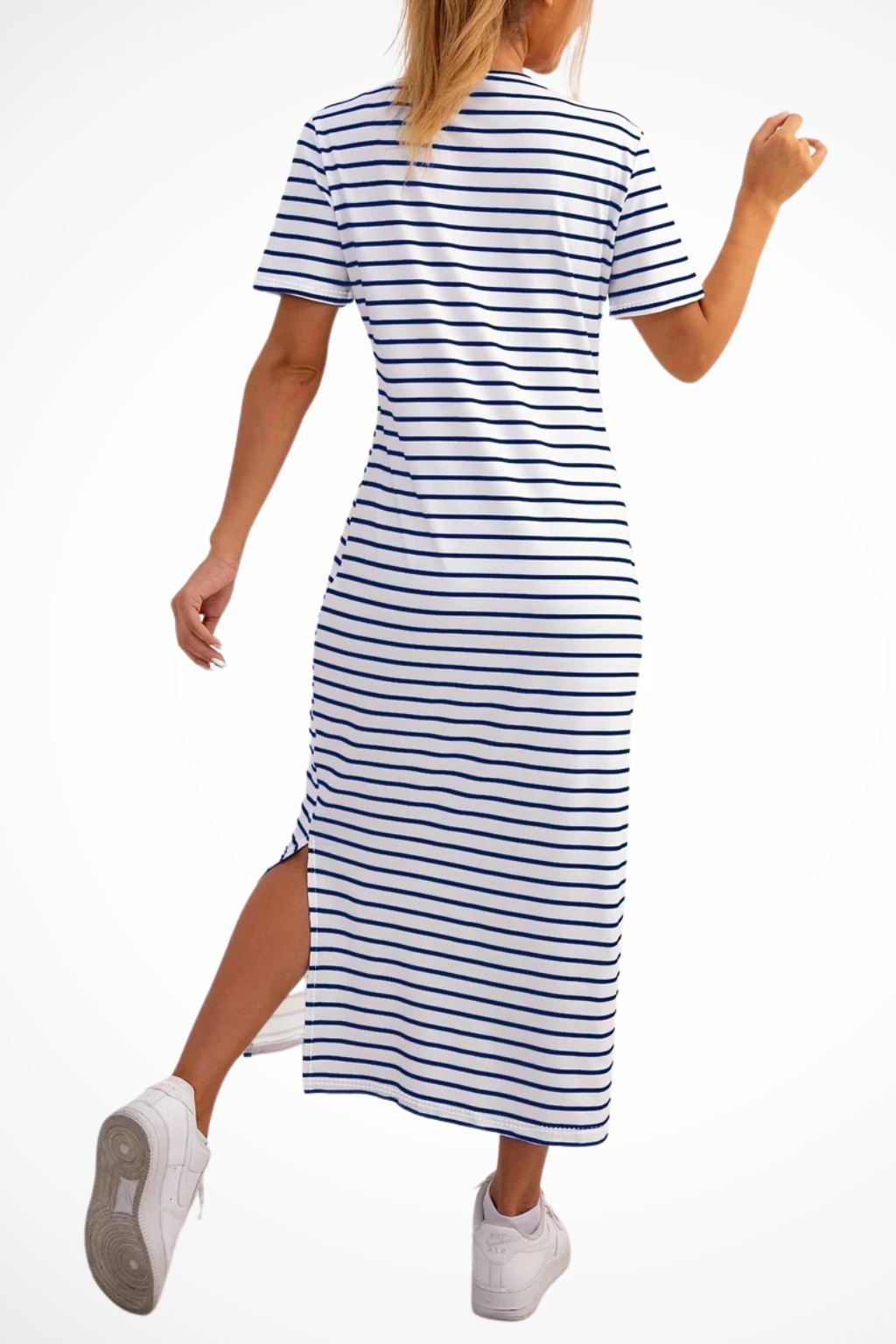 Women's Striped Midi Dress with Short Sleeves & Side Split – Casual Summer Day Dress
