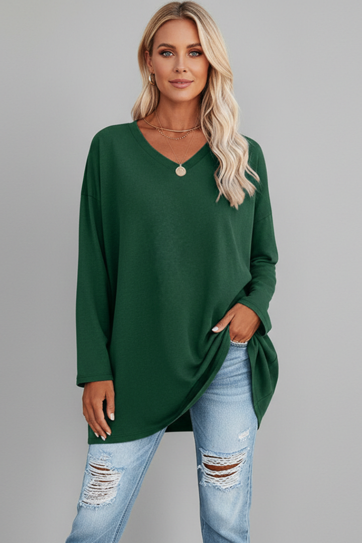 Women's V Neck Long Sleeve Top – Loose Fit Pull-On Everyday Top for Work & Weekend