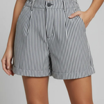 Women's Striped High-Waist Tailored Shorts with Button Front – Turn-Up Hem Summer Shorts