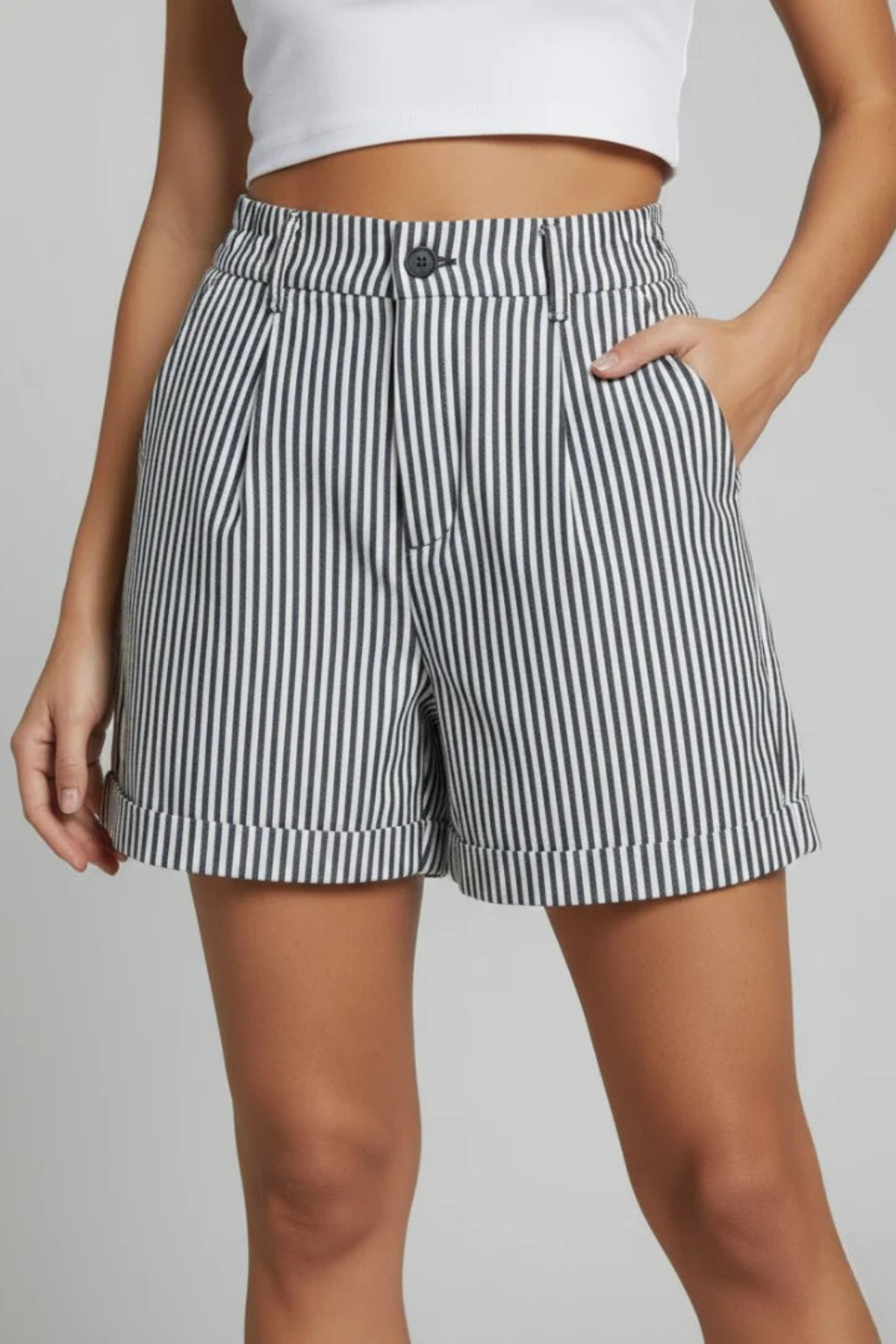 Women's Striped High-Waist Tailored Shorts with Button Front – Turn-Up Hem Summer Shorts