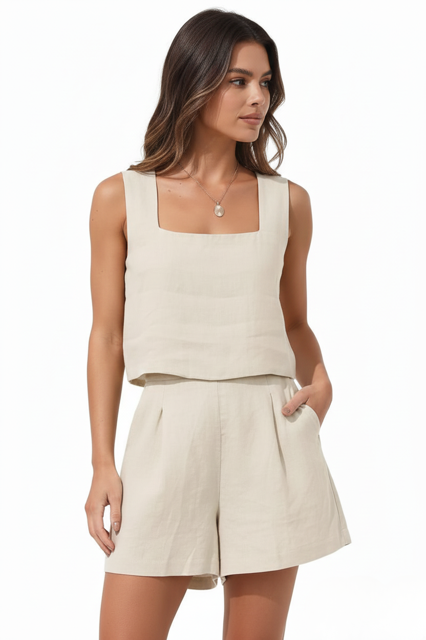 Women's Linen Cotton Blend Two-Piece Set with Square-Neck Top & Shorts – Summer Co-Ord