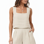 Women's Linen Cotton Blend Two-Piece Set with Square-Neck Top & Shorts – Summer Co-Ord
