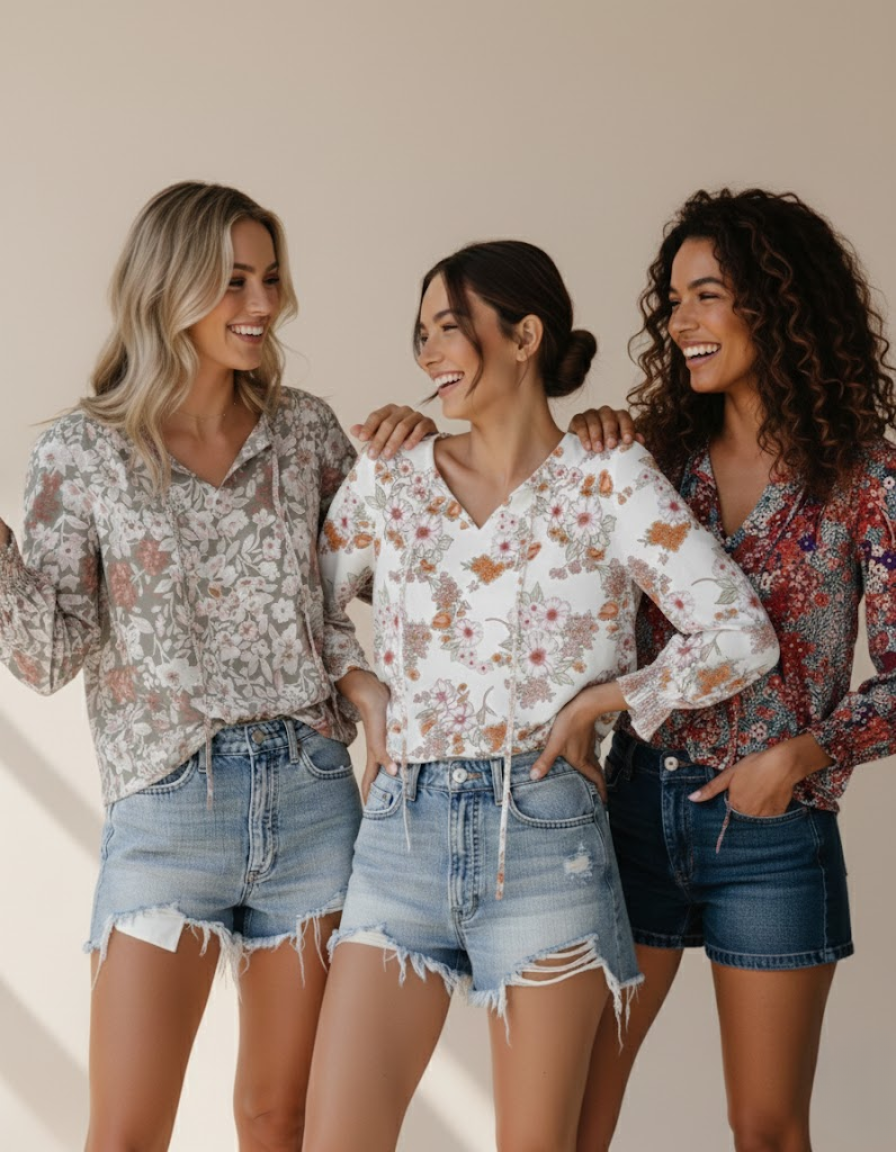 Women's Floral Print V Neck Blouse with Long Sleeves – Lightweight Everyday Top