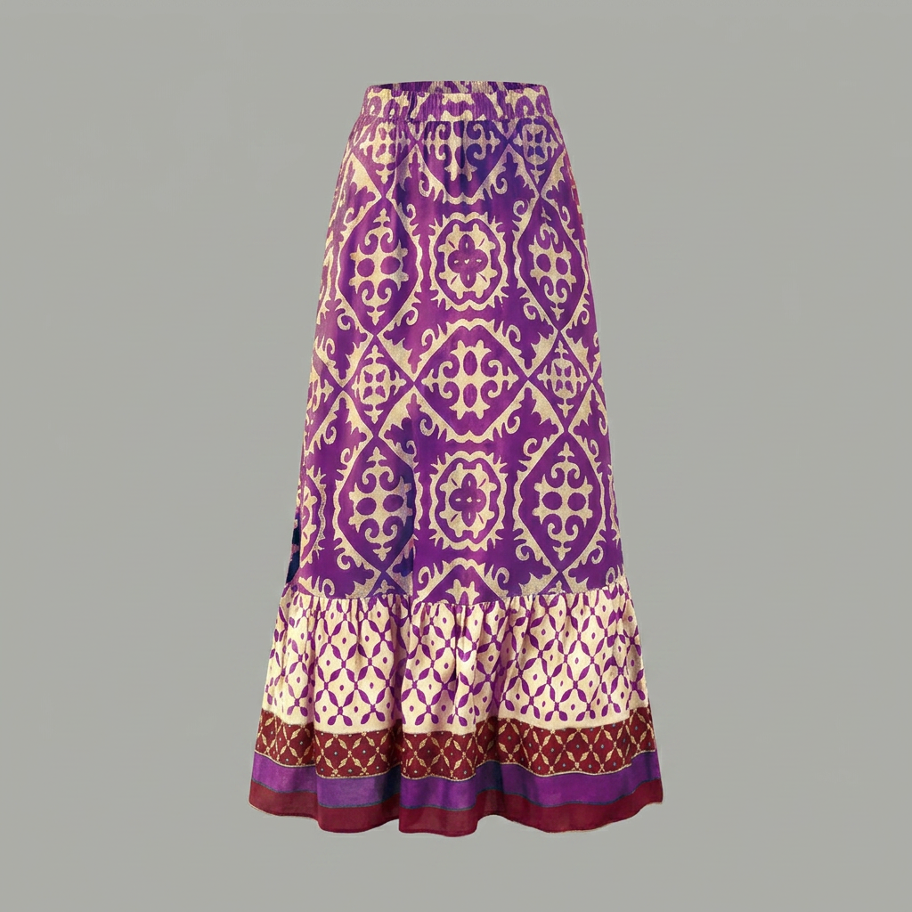 Women's Tiered Printed Maxi Skirt with Elastic High Waist – A-Line Spring Summer Skirt