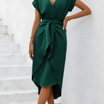 Women's V Neck Midi Dress with Tie Waist – Relaxed Short Sleeve Summer Dress in Green