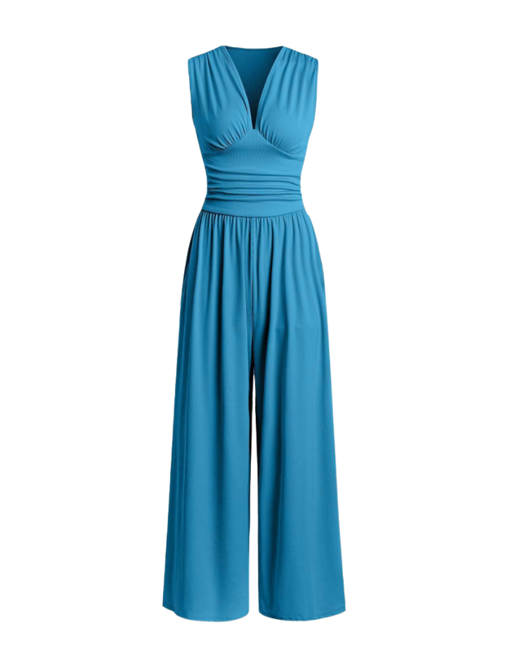 Women's Deep V-Neck Wide-Leg Jumpsuit – Fitted Waist Elegant Jumpsuit for Dinners & Parties