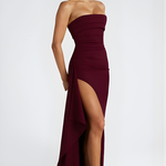 Women's Strapless Twisted Bodice Maxi Dress with High Slit – Formal Evening and Wedding Guest Gown