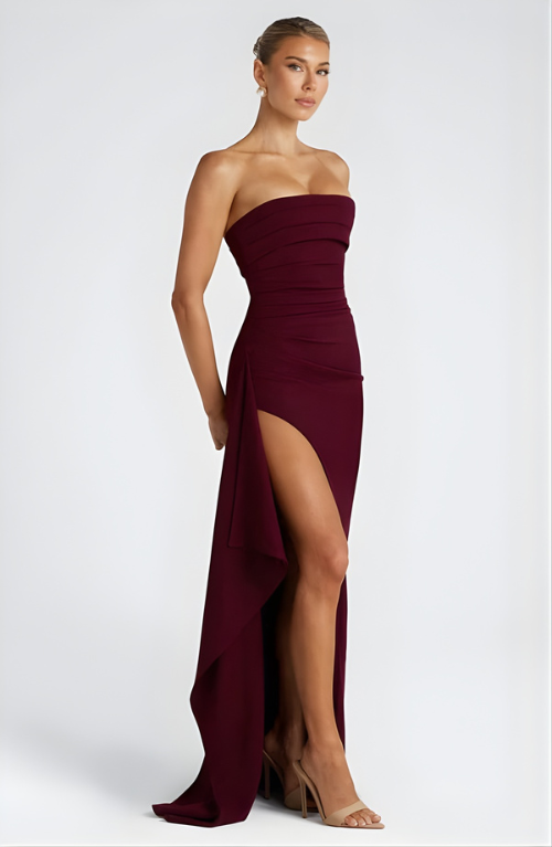 Women's Strapless Twisted Bodice Maxi Dress with High Slit – Formal Evening and Wedding Guest Gown