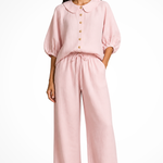 Women's Linen Co-Ord Set with Peter Pan Collar Blouse & Wide Leg Pants – Two-Piece Outfit