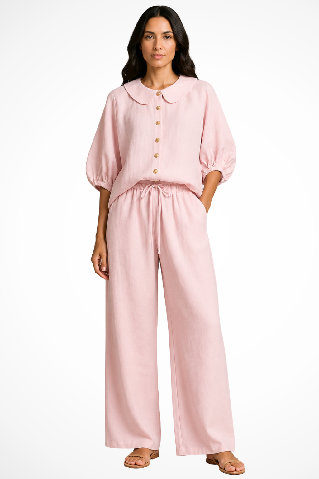 Women's Linen Co-Ord Set with Peter Pan Collar Blouse & Wide Leg Pants – Two-Piece Outfit