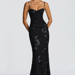 Women's Floral Embroidered Corset Maxi Dress with Cami Straps – Wedding Guest & Formal Dress