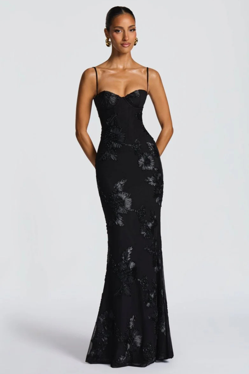 Women's Floral Embroidered Corset Maxi Dress with Cami Straps – Wedding Guest & Formal Dress