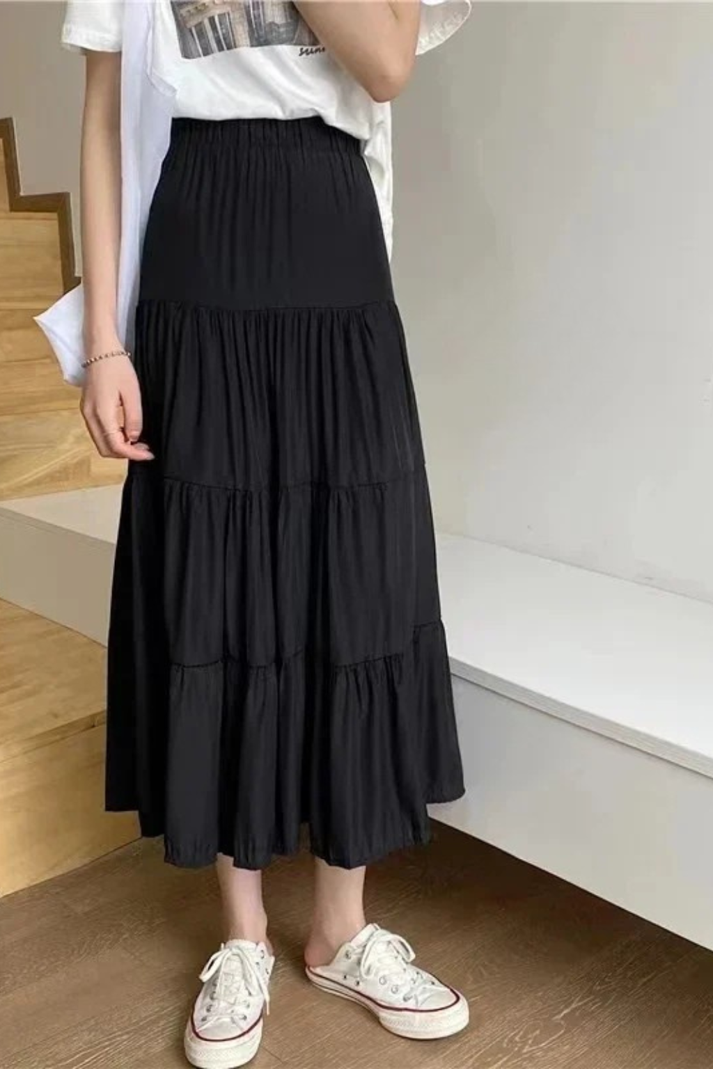Women's High-Waist Tiered Maxi Skirt with Elastic Waist – Flowy Summer Skirt