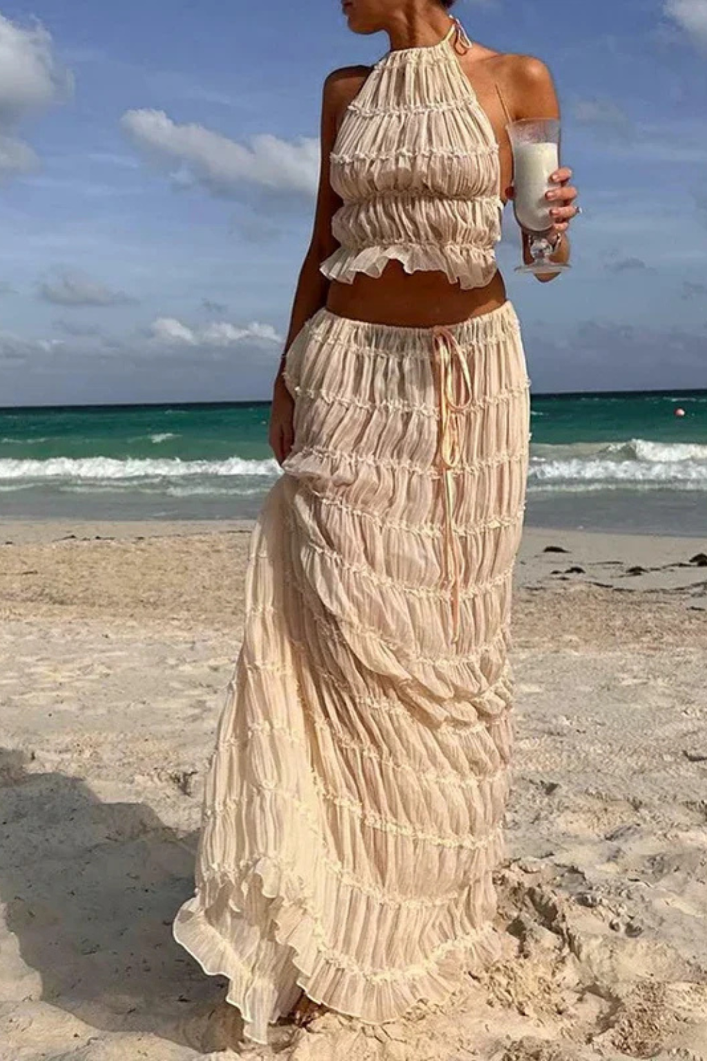Women's Ruched Halter Crop Top and Maxi Skirt Set – Two-Piece Summer Co-Ord Outfit